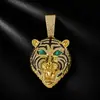 Estilo Hip Hop Transfronterizo Europeo y Americano Aleación Incrustada Pedrería Ojo de Esmeralda Tigre Colgante Goteo de Aceite Cabeza de Tigre Feroz Collar de Animales para Hombre