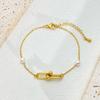Pulsera de Acero de Titanio Versátil Europea y Americana para Mujer Moda Hebilla de Herradura Pulsera de Perla de Amor Cadena Ajustable de Acero Inoxidable que Conserva el Color