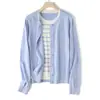 Breve Descrição Riscada: Cardigan Sofisticado para o Dia a Dia, Lã Lavável, Gola Redonda, Falso Duas Peças, Manga Longa, Suéter de Tricô Listrado Color-Block