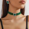 Colar Choker Europeu e Americano de Luxo em Vidro Cristal de Camada Dupla Geométrico Retangular Conjunto de Brincos Colar de Cristal Colorido da Moda