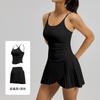Juyitang Novo Conjunto Esportivo Casual Feminino à Prova de Choque com Bojo Fixo Suspensório em U Cor Lisa Saia Plissada Conjunto de Duas Peças para Mulheres