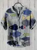 Camisa de Manga Corta con Cuello en V de 3 Botones, Estampado Digital, Paisaje de Carpas 3D Digital con Transferencia de Calor, Transfronteriza Europea y Americana 2024