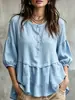 Camisa suelta de moda de color liso con mangas de tres cuartos fruncidas y cuello redondo, nueva ropa de verano para mujer de Amazon, casual transfronterizo europeo y americano