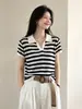 Camiseta de punto fina de manga corta con cuello polo estilo casual coreano para mujer, 26 nuevos tops pulóver versátiles de verano