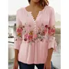 2023 Moda Transfronteiriça Europeia e Americana Primavera e Verão Nova Mulher Floral Estampada Decote em V Manga Curta Plissada Botão Camiseta Base Camisa