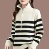 Suéter de malha com zíper e gola alta listrado estilo coreano transfronteiriço, novo outono e inverno, color-blocking vintage, modelagem solta, emagrecedor, pulôver casual