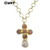 Wt-Jn374 Piedra Preciosa de Colores Jade Rojo Amatista Piedra Brillante Concha Chapado en Oro de 18K Collar Largo con Colgante en Forma de O de Latón