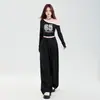 Estilo Holgado y Casual, Diseño Versátil de Cintura Alta, Pantalones de Pierna Ancha Fluidos de Largo Hasta el Suelo, Pantalones Largos Negros, Largo Extendido Negro, Yichun