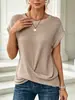 Ropa de mujer europea y americana, camiseta de manga corta con cuello redondo y puños enrollados, estilo casual holgado, top de color liso, suministro transfronterizo multicolor