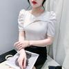 2024 verão novo estilo elegante V-neck laço t-shirt mulheres de manga curta moda puff-sleeved top slim-fit slim-fit camisa pequena