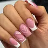 Modelo de Comercio Exterior Más Vendido: Arte de Uñas para el Día de San Valentín de 24 Piezas con Pedrería en Forma de Corazón, Diseños Florales, Uñas Postizas Rectangulares Dulces de Longitud Media al por Mayor
