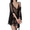 Conjunto de Lencería Sexy Transfronteriza de Comercio Exterior Europeo y Americano Pijama Encaje Transparente Tentación Liga Camisón Bata Exterior Deseo Puro
