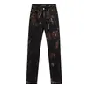 Jeans preto estampado da moda estilo americano para homens, corte slim fit, corte reto, lavado e desgastado, estilo high street, calça comprida casual e versátil