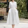 Vestido Bordado Estilo Étnico de Algodão Verão 2026 Temperamento Artístico Gola Redonda Manga Meia Comprimento Médio Saia de Algodão Feminino