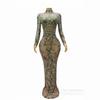 Moda Primavera Cumpleaños Celebrar Sexy Transparente Verde Pedrería Bordado Vestido Traje Retráctil Fiesta de Prom