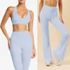 Conjunto de Ropa de Yoga Transfronterizo sin Costuras con Sujetador Halter y Pantalones Acampanados para Fitness, Correr y Pilates