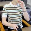 Suéter de camiseta de manga corta de verano de cuello redondo moderno de corte ajustado transpirable a rayas bordado de alta elasticidad para hombre moderno fino lino helado