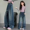 Calça Jeans Wide Leg Feminina, Novo Estilo Coreano Primavera e Outono, Calça Reta Solta de Cintura Alta, Calças Fashion de Comprimento Total para Crianças Mais Velhas, Outono