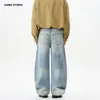 Jeans anchos holgados JIAMU estilo americano, versátiles de alta resistencia, corte curvo azul lavado para hombres y mujeres