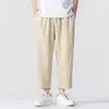 Pantalones Casuales Sueltos de Lino de Imitación Finos de Verano Talla Grande Estilo Japonés Pantalones Rectos de Nueve Puntos Retro Tendencia para Hombre Estilo Chino
