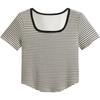 Camiseta Curta de Manga Curta Slim Fit Color Block com Listras Estilo Sal Marinho Gola U para Mulheres, Top Curto Soltinho e Emagrecedor Estilo Hong Kong Ins