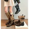 Botas de Color Block Estilo Retro Primer Encuentro para Mujer 2026 Nuevas Botas de Montar de Tacón Grueso Adelgazantes Botines Cortos Botines