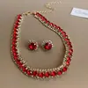 Aretes Cuadrados de Esmeralda Incrustados de Diamantes, Accesorios para Collares, Aretes de Estilo Palacio para Mujer, Juego de Joyería de Lujo Ligero y de Alta Gama al por Mayor
