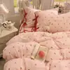 Estilo Coreano Femenino Rosa Cereza Encaje con Cordones Lazo Algodón Puro Juego de Cuatro Piezas Temporada de Regreso a Clases Juego de Tres Piezas para Sábana de Cama de Dormitorio y Funda de Edredón