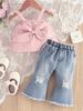 Transfronterizo shein Europa y Estados Unidos verano nuevo traje de niña niños lazo tirantes sueltos jeans rotos