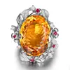 Anillo de Piedra Preciosa Color Citrino Flor de Cerezo Floreciendo Súper Brillante Ramas de Flores y Hojas Incrustadas con Diamante Ovalado Anillo de Diamante Amarillo
