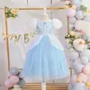 Vestido de Verano para Niñas Nuevo de Verano Vestido de Princesa de Malla para Niños Moda para Niñas Vestido de Gasa con Mangas Abullonadas
