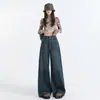 Jeans Feminino Wide Leg Vintage Azul Escuro de Outono com Cintura Alta, Caimento Solto, Cobre o Quadril, Emagrecimento, Jeans Feminino Fashionável A13899