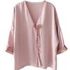 Camisa de corte holgado con ácido acético Guofeng Vestido para mujer con botón oblicuo y mangas raglán Top de jacquard de talla grande con mangas de siete cuartos