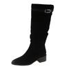 Liquidação de 99: Botas Femininas Longas Plissadas Empilhadas de Camurça, Botas Altas Casuais com Salto Bloco Emagrecedoras