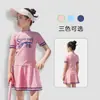Traje de baño infantil Happy Yuan para niñas, de dos piezas con falda, conservador con shorts tipo bóxer, anti-exposición, para niñas pequeñas de vacaciones y en aguas termales