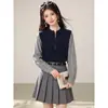 Suéter de Punto Patchwork Rayas Azules Moda Dos Piezas Falsas Suéter Moda Top de Manga Larga Retro para Mujer