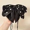 Grampo de Garra para Rabo de Cavalo com Laço de Fita de Cetim com Bolinhas High-End Retro Outono Inverno Novo Grampo para Cabelo Meio Preso na Nuca para Mulheres