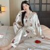 Pijama de Hilo de Hielo para Mujer de Comercio Exterior Transfronterizo Traje de Cárdigan Delgado para Primavera y Otoño Ropa de Casa de Manga Larga Sedosa Imitación de Seda