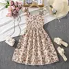 Vestido para Niñas Transfronterizo Nuevo Estilo Ropa Infantil Verano Cuello Cuadrado Francés Tirante de Hombro con Volantes Lazo Vestido de Princesa Floral