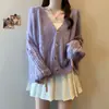Cardigan de Tricô Vazado Casual Cor Sólida Estilo Preguiçoso, Nova Versão Coreana de Primavera Gola V Emagrecedor Solto Jaqueta Top para Mulheres