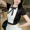 Suéter de Tricô com Contraste Estilo Chanel Slim-fit Estilo Coreano Top Feminino de Verão Manga Curta com Laço Senso de Design Nicho