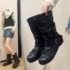 Botas apiladas de moda y populares de corte relajado, colección primavera 2026, punta redonda negra con lazo, diseño único, botines cortos adelgazantes para mujer