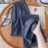 Calça Cropped Casual Listrada de Linho de Cintura Alta Fina de Verão Novo Estilo Popular Calça de Perna Larga para Mulheres