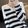 Camiseta Base de Punto de Manga Larga a Rayas Bloques de Color Cuello Marino Transfronterizo para Mujer, Otoño 2025 Versátil Lana Fina Casual Corte Holgado