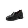 Mocassins de Couro Genuíno de Bico Redondo e Salto Médio Grosso com Fivela de Metal Estilo Britânico, Camurça de Primeira Camada, Solado Grosso, Outono 2025, Sapatilhas de Boca Profunda para Mulheres