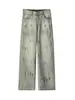 Jeans de hombre estilo americano tie-dye con efecto salpicado, pantalones casuales rectos vintage de otoño con graffiti, pantalones de pierna ancha holgados con un diseño único