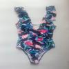 Amazon 2021 Comércio Exterior Europeu e Americano Swimsuit Folha Feminina Estampado Multicolor V-neck Ruffled One-piece Swimsuit