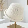 Sombrero de pescador hueco de punto de color liso estilo japonés para mujer, moda versátil de otoño e invierno 2026, sombrero tipo cubo cálido con borde enrollado