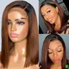 Peruca Frontal de Renda Moda Europeia e Americana Mulher Cor Média Piano Mechas Curto Liso Cabelo Bobo Cabeça Fluffy Natural Adereço de Cabeça