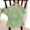 Ropa Coreana para Bebé Recién Nacido y Niño, Color Caramelo, Algodón Puro, Casual, Conjunto de Manga Corta, Camiseta con Letras y Smiley, Shorts, Conjunto de Dos Piezas